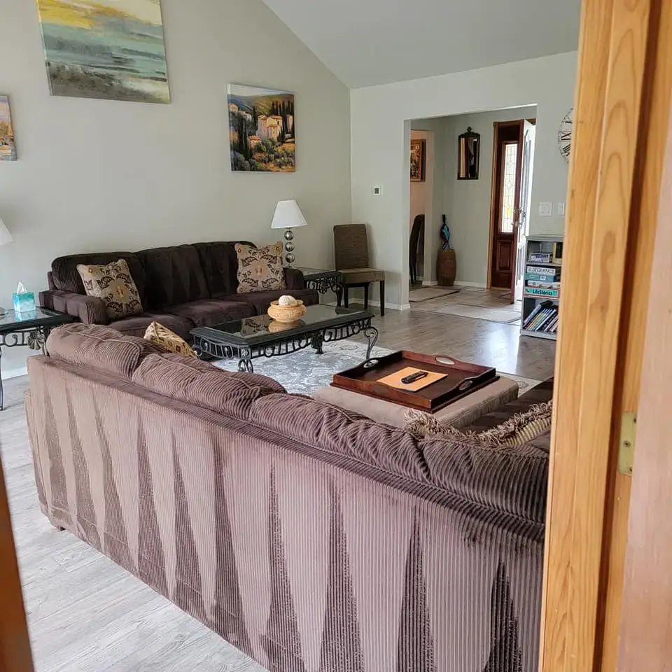 Cozy living room with couches and artwork.